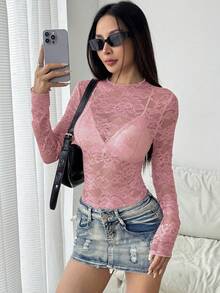 EgrlEra Tall 女士纯色蕾丝透视性感上衣 - 藕粉色 - 查看 5