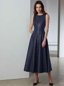 Aveloria Modichic Đầm không tay dáng xòe, thanh lịch, thời trang và giúp trẻ trung hơn, cổ tròn, xẻ tà, ôm eo dành cho phụ nữ. - Màu xanh hải quân - Xem 5