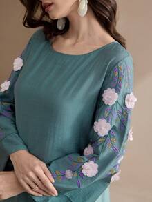 Al Najma New Elegant Embroidered Loose Casual Everyday Vacation Dress Shirt - Green - View 2