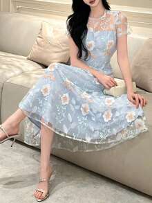 DAZY Women's Floral Pattern Sheer Elegant Dress Vacation