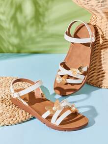 Mini mi Girls' Metallic Gold 3D Butterfly Faux Pearl Decor Vegan Leather White Strap Sandals – Elegant, Light,Sweet & Comfy. - White - View 1
