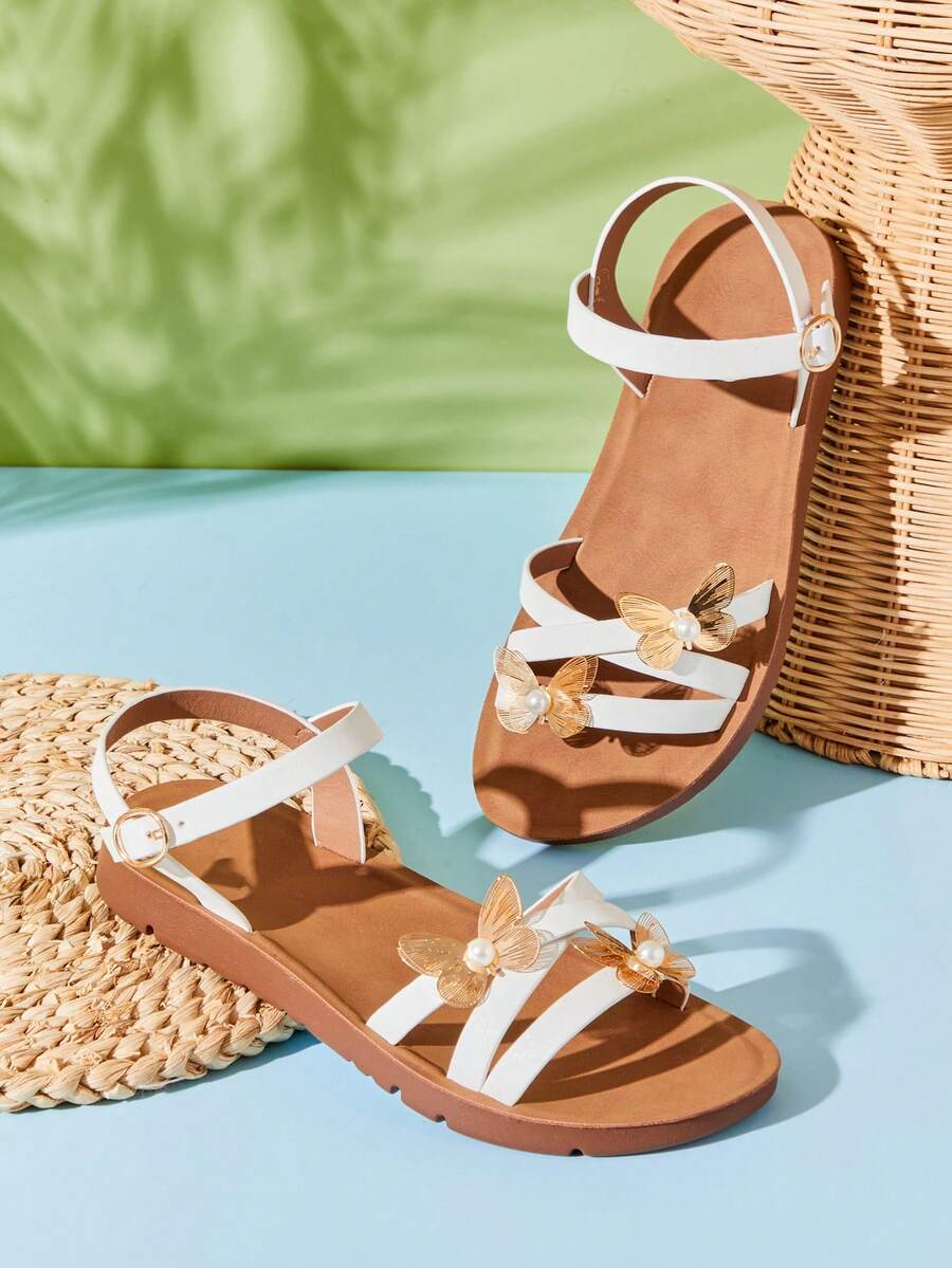 Mini mi Girls' Metallic Gold 3D Butterfly Faux Pearl Decor Vegan Leather White Strap Sandals – Elegant, Light,Sweet & Comfy. - White - View 1