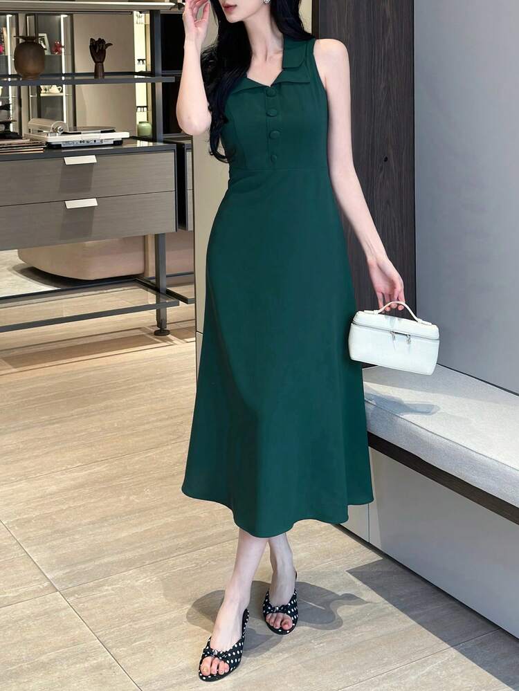 Women's Solid Color Sleeveless Half-Placket Casual Minimalist Long Dress Maxi Dress Sundress