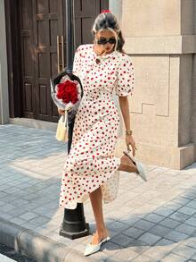 SHEIN PariChic Women's Round Neck Puff Sleeve Polka Dot Fashionable Summer Dress Elegant Floral Dress Women - White - View 6