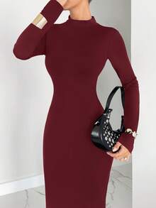 Siren Gaze Women's Solid Color Ring Decor Backless Fitted Long Sleeve Dress Spring Valentine's Day Party Elegant Red Wedding - Burgundy - View 6