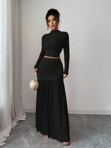 Elenzga 时尚纯红色立领长袖性感镂空网纱拼接褶皱A字连衣裙，适合毕业派对、节日活动、度假、约会、圣诞节等场合。 - 黑色 - 查看 6