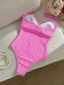 Swim Mod Đồ bơi nữ thời trang và dễ thương, váy xếp ly kẻ caro kiểu cổ yếm, chất liệu vải đặc biệt, thích hợp cho nghỉ dưỡng, tiệc tùng, du thuyền, mùa xuân/hè. - Màu Hồng Tươi - Xem 2