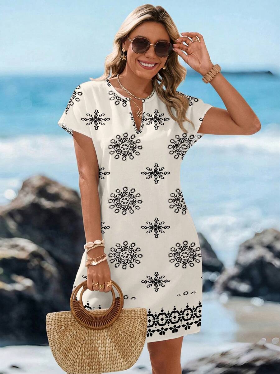 Sylviya Casual Minimalist V-Neck Short Dress For Women, Suitable For Spring/Summer Spring,Vacation - Multicolor - View 1