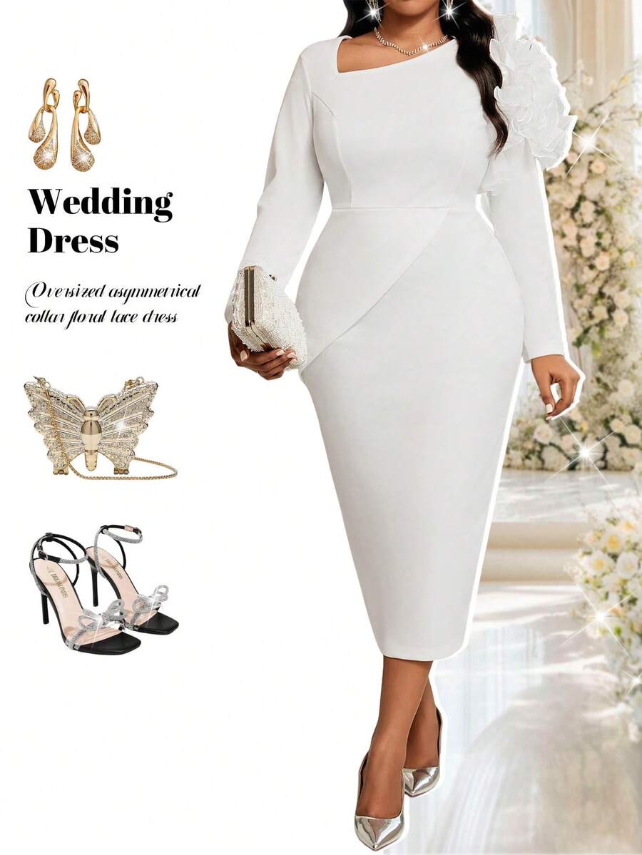 Fleurora 大码女式优雅不对称领花边饰边修身下摆开叉连衣裙 - 白色 - 查看 1