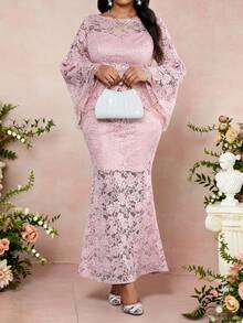 SHEIN Lady Plus Size Women Floral Lace Flared Sleeve Fishtail Hem Elegant Dress Elegant Dresses Lace Pattern Dress Elegant Woman Clothing Elegant Solid Color Dress Elegant Casual Dresses Pink Dress Formal Dresses For Women Christmas Dresses For Women - Pink - View 6