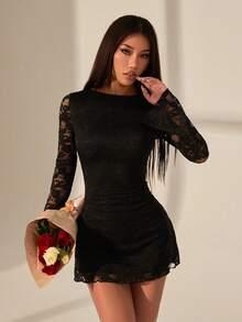SHEIN PETITE Robe mini élégante et sexy en couleur unie avec dentelle - Noir - Voir 8