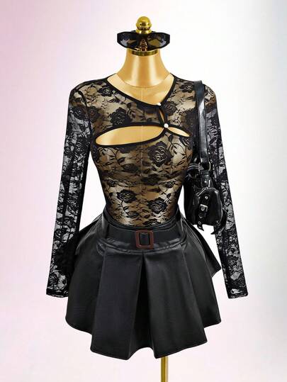 Mistrie Body de mujer con cuello asimétrico, manga larga, encaje floral y diseño calado sexy