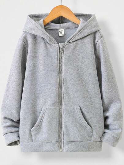 SHEIN Vacaura 青少年男孩純色拉鍊前帽t恤衫