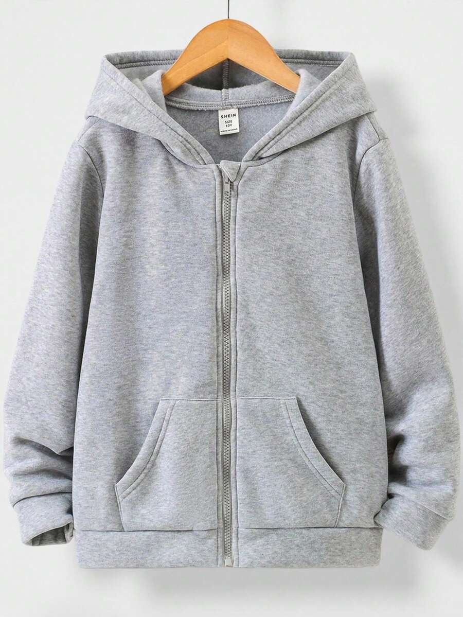 SHEIN Vacaura 青少年男孩純色拉鍊前帽t恤衫 - 灰色 - 查看 1
