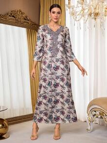 Al Najma Women's Floral Print Contrast Lace 3/4 Sleeve Elegant Arabic Style Dress Kaftan Jalabiya Dress - Black - View 1