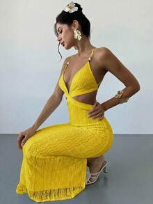 Firerie 女士白色提花串珠系带露背修身开衩连衣裙，性感度假连衣裙，春夏服装，沙滩装，通勤装，优雅，性感，度假，海滩，波西米亚风，夏威夷，音乐节，浪漫，约会装 - 鵝黃色 - 查看 6