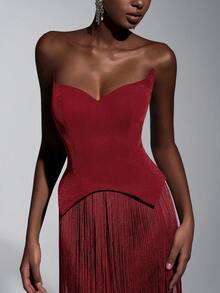 Elitara 优雅奢华性感针织亮片露肩猫领腰部流苏装饰修身连衣裙，适合晚宴、展览、商务活动等正式场合，女士晚礼服 - 酒紅色 - 查看 7