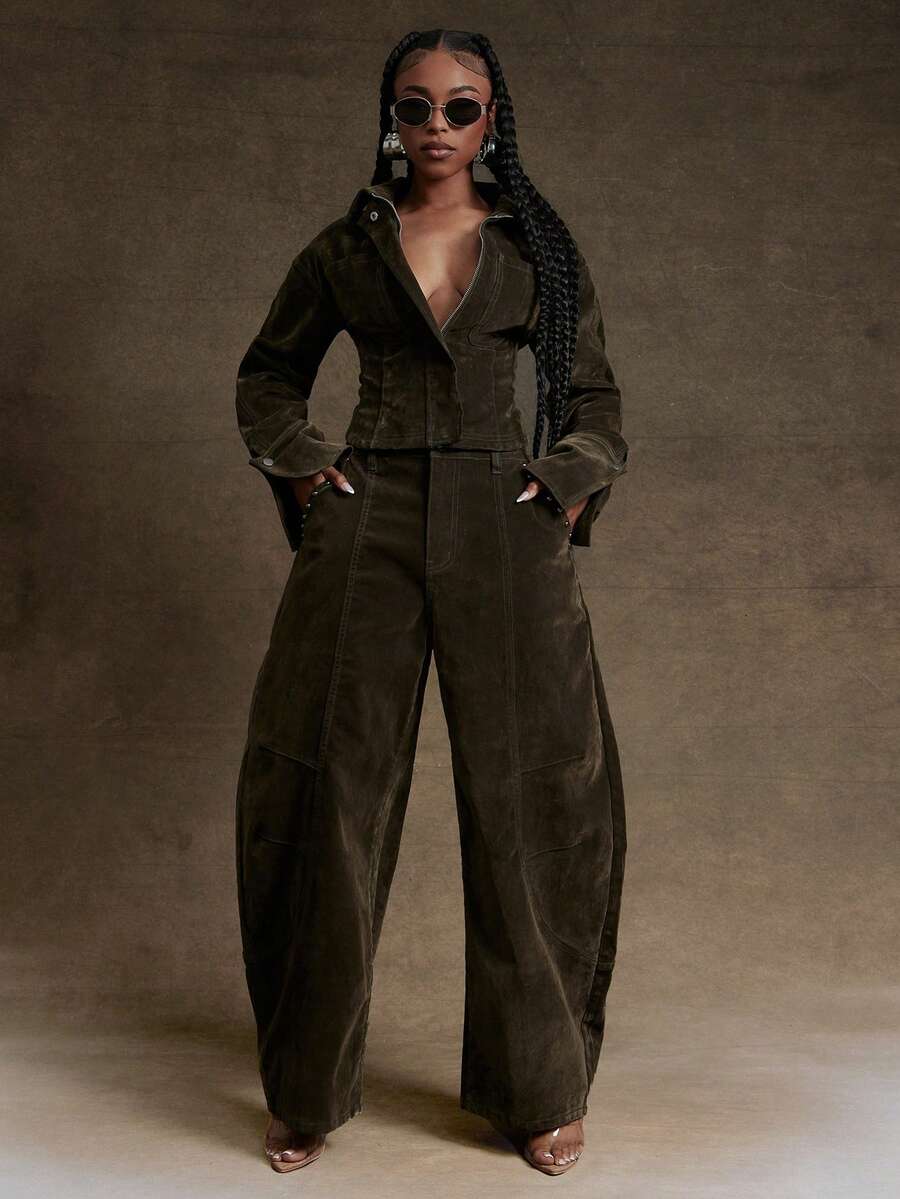 Denimoi 阔腿筒状天鹅绒牛仔裤，时尚个性筒状牛仔裤 - 軍綠色 - 查看 1