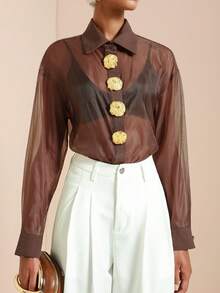 Vesra Bluză transparentă cu nasturi metalici și umeri căzuți pentru femei la modă - cafea maro - Vizualizare 3