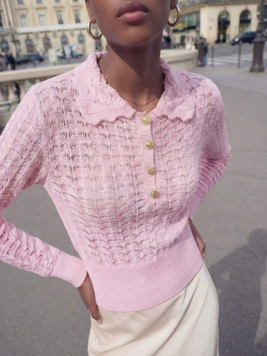 Maija Valentine's Day Pink Long Sleeve Semi-Sheer Crochet Knit Sweater Spring Women Holidays For Women - Pink - View 1