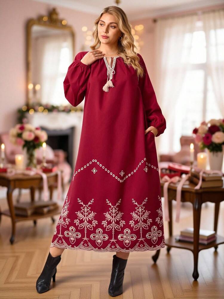 Plus Size Casual Commuter Embroidered Collar Tie Waist Dress Plus Size Dresses Burgundy Abaya For Women Dubai Red Dresses For Women  Stylish Clothing Collection Elegant Party Clothes For New Year Christmas Clothes For Women  Winter Clothes For Women Boho Embroidered Dress Plus Size Dresses For Women