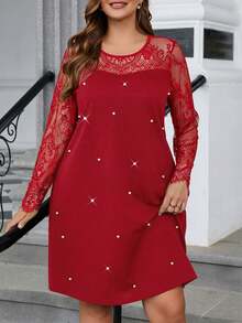 SHEIN Clasi 大码女式撞色蕾丝仿珍珠细节圆领长袖直筒优雅职业连衣裙商务休闲女装 - 紅色 - 查看 4