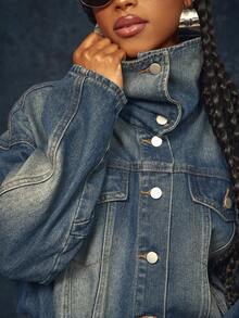 Denimoi High Neck Button Front Barrel Sleeve Gathered Waist Denim Jacket Fashion Cropped Denim Jacket - Medium Wash - View 7