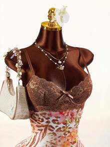 Amplova Lace Cup Detail Tropical Floral Mesh Bodycon Mini Dress Brown Lace Mesh Bow Sleeveless Leopard Print Zebra Print Lace Trim Mini Fitted Waist Dress - Multicolor - View 7