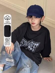 DAZY Tween Boy Letter Print Crew Neck Dropped Shoulder Long Sleeve Casual Loose T-Shirt - Black - View 2
