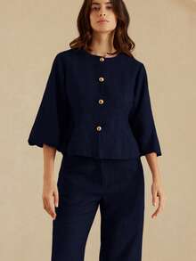 Aveloria Rosie Elegante traje de chaqueta y pantalones con cintura ceñida y mangas abullonadas en espiga - Azul - Ver 6