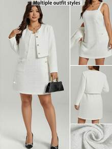 Comfylo Plus Size Elegant Tweed Jacket With Gold Buttons And Dress 2 Pieces Set - White - View 1