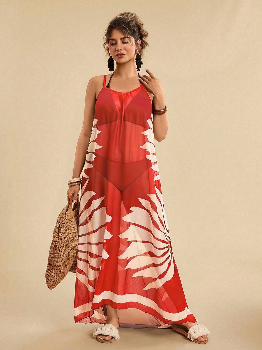 SHEIN TRVLCHIC Plus Size Casual Tropical Beach Vacation Loose Fit Sleeveless Print Long Coverup For Women - Red - View 1