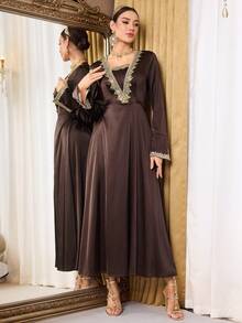 Al Najma Women's Elegant Waist Tie Arabic Style Dress - Brown - View 5