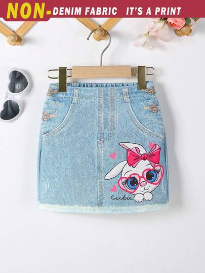 New Spring/Summer Girls Casual Denim-Look Printed A-Line Mini Skirt, Suitable For 4-7 Years Old, Outdoor, Party, Fashion Versatile Blue Denim Print Denim Skirt For Girls Jean Miniskirt Kids Jeans Skirt For Kids Kawaii Skirt Jean Skirt Mini