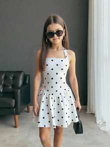 Firerie Kids Firerie Kids Tween Girl Casual Vacation Black & White Polka Dot Halter A-Line Cute Dress - Black and White - View 2