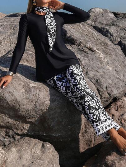 Swim Mulvari 26ss Summer Vacation Beach Resort Middle Eastern Conservative Long Sleeve Long Pants Abstract Paisley Black & White Floral Women Camisole Strap Bikini,New Women's Swimwear ArrivalFor School,Suitable For Holiday, Date, Afternoon Tea, Western, Cruise, Beach, Island, Road Trip, All Seasons, Music Festival, Boho Vacation,Bohemian Vacation, Chill Autumn ,Western Boho ,Elegant Tops For Women