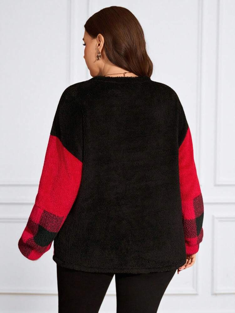 Plus Size Women's Red & Black Plaid Color Block Sweatshirt, Pullover For Women, Autumn/Winter,2025 New, New Year, Cozy Fall And Winter