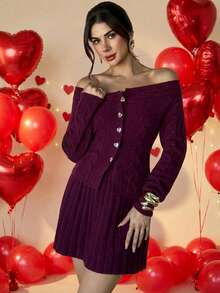 Firerie Women Elegant Burgundy 2pcs/Set Off-The-Shoulder Long Sleeve Front Love Button Closure Dress,Umbrella Skirt Red Knit Set,Autumn Brunch Party Dresses - Red Violet - View 9
