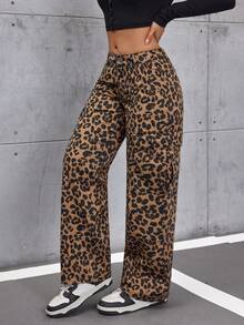 SHEIN Tall Quần jean denim nữ họa tiết da báo kiểu dáng thường ngày - Cà phê nâu - Xem 3
