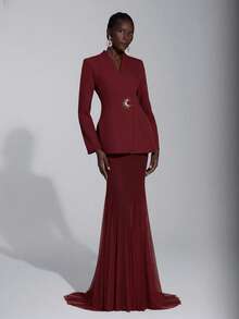 Elitara Elegant, Romantic, Sexy, Minimalist, Light Pink Blazer Silhouette Jacket And Fishtail Ruffle Hem Maxi Skirt Set, Fashionable, Influencer Style, Suitable For Holidays, Vacations, Birthday Parties, Weddings, Formal Dinners - Burgundy - View 5