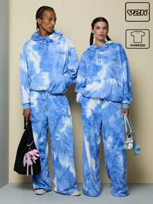 COUREZ 男女通用超大扎染连帽衫 / Y2K 度假穿搭 女装 夏季外出穿搭 可爱度假 - 藍色 - 查看 1