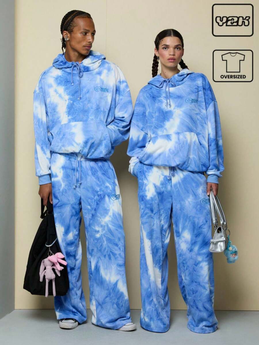 COUREZ 男女通用超大扎染连帽衫 / Y2K 度假穿搭 女装 夏季外出穿搭 可爱度假 - 藍色 - 查看 1