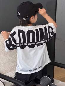 Young Boy Casual Korean Style Loose Fit Street Big Letter Graphic Round Neck Short Sleeve T-Shirt, Suitable For Commuting, School, Daily Casual Wear, Sports, Spring/Summer - White - View 3