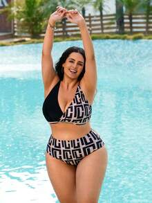 Swim Lushoire Plus Size Women Asymmetric Design Plaid Print Beach Vacation Style Swimsuit 2 Pieces Set, Elegant Contrast Color Swimwear For Holiday - Black - View 5