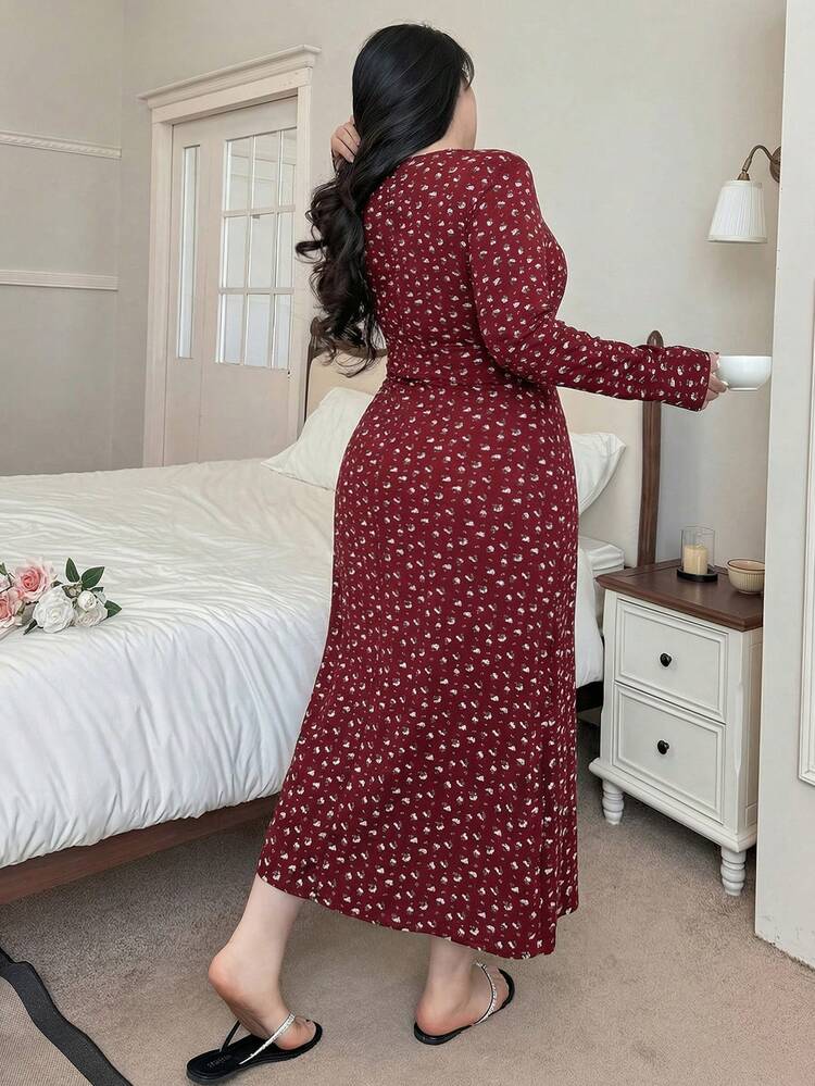Dazy Plus Plus Size Women's Ditsy Floral Elastic Fitted Long Nightgown, Casual Home Dress For Spring & Autumn
