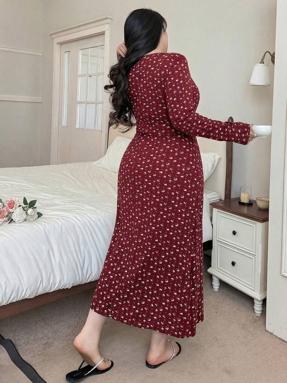 Dazy Plus Plus Size Women's Ditsy Floral Elastic Fitted Long Nightgown, Casual Home Dress For Spring & Autumn Pajamas