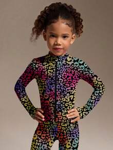 SHEIN Young Girls 2pcs Active Jacket & Leggings Set, Cute Black Floral Leopard Print, High Stretch Comfortable Fabric, Slim Fit, Suitable For Running, Fitness, Tennis, Badminton - Multicolor - View 4