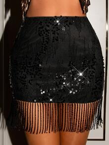 SHEIN Glamour Women's Fashionable Party Sequin Tassel Hem Mini Skirt - Black - View 1