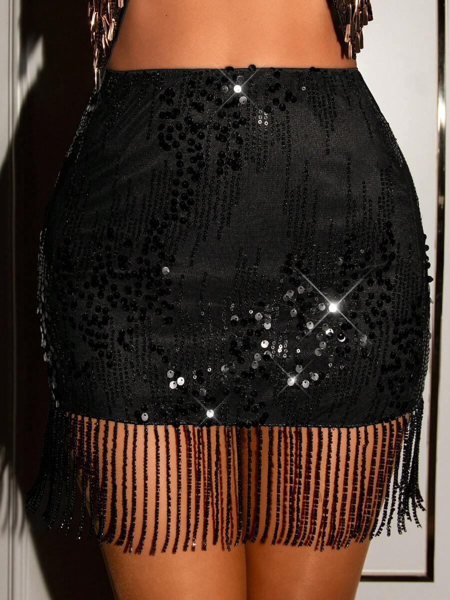 SHEIN Glamour Women's Fashionable Party Sequin Tassel Hem Mini Skirt - Black - View 1