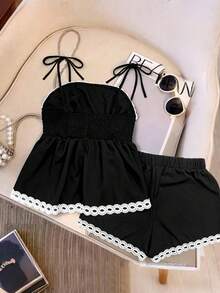 EMERY ROSE Plus Size Women Black And White Summer Casual Vacation Holiday Contrast Lace Trim Shoulder Knot Babydoll Cami Top & Shorts Cute Two Piece Set - Black - View 2